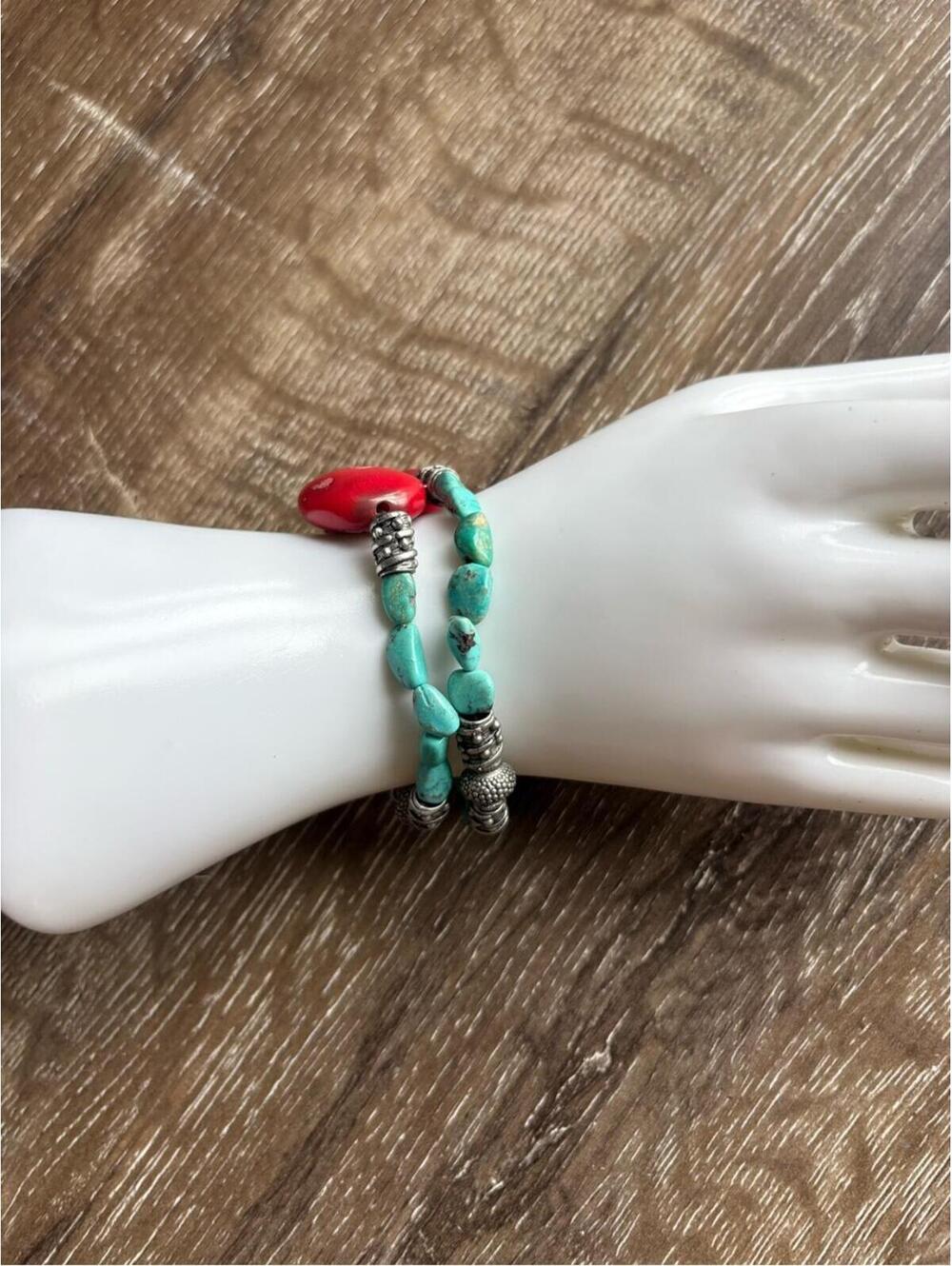 Turquoise and Red Beaded Stretch Bracelet Set of 2